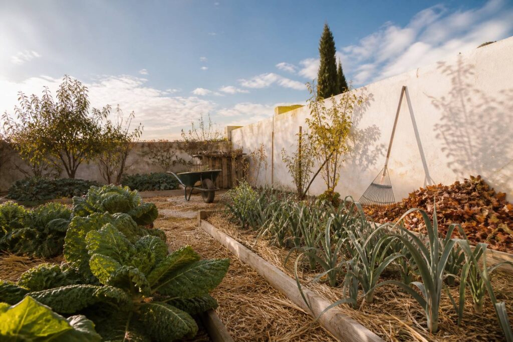 Potager paillé avec des choux en novembre sous une lumière basse