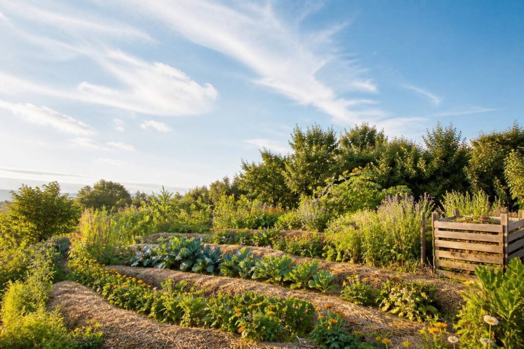Jardin en permaculture avec buttes de culture, compost et paillage
