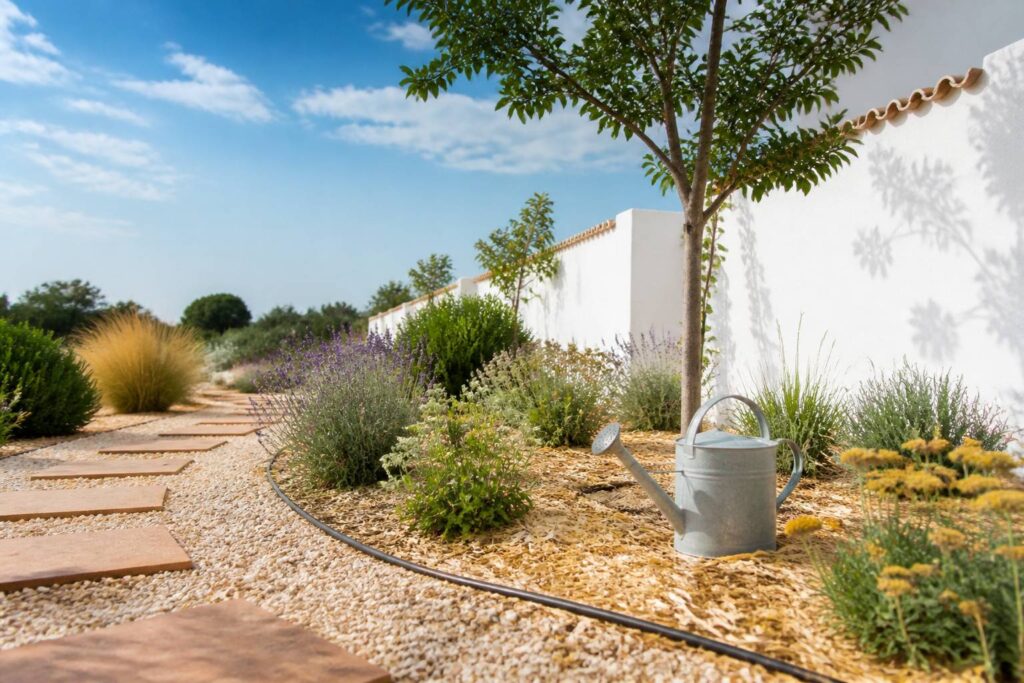 Jardin paillé avec arrosage goutte à goutte