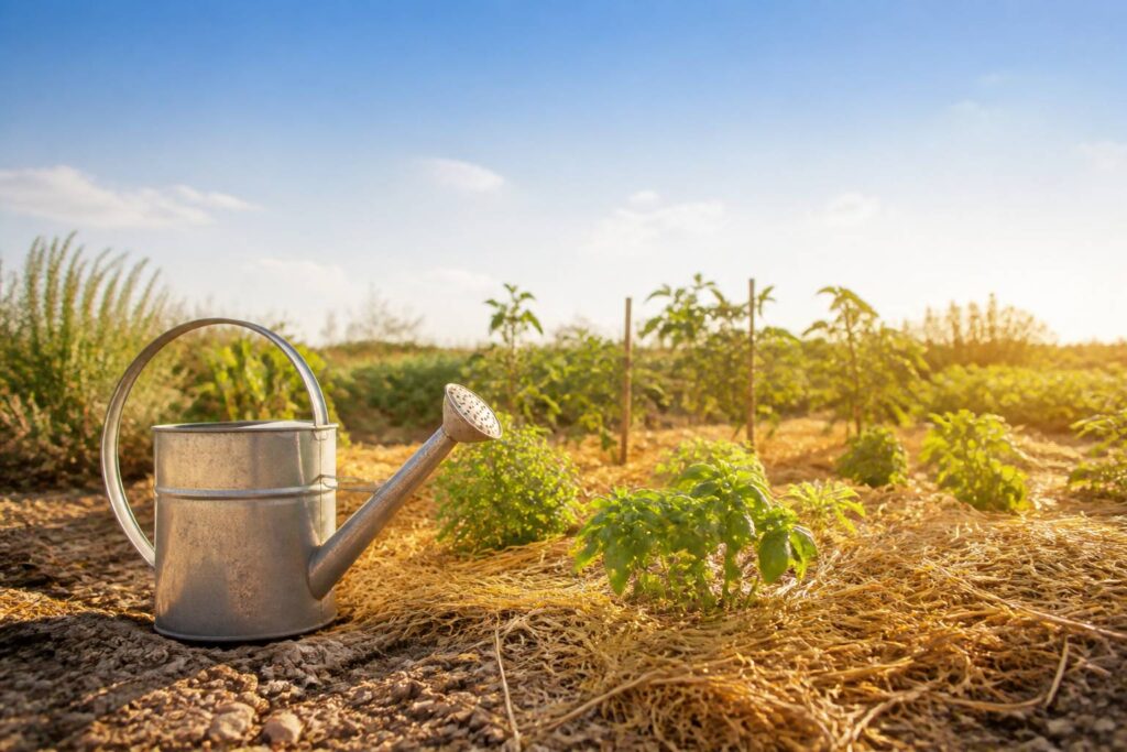 Jardin d'été avec paillage de paille et arrosoir