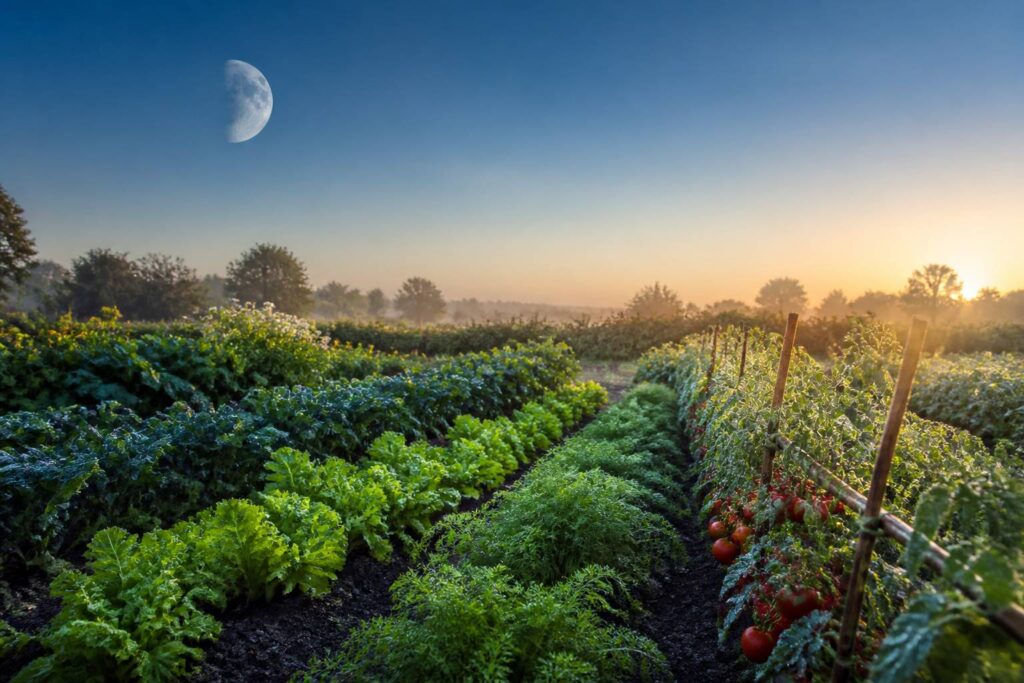Potager au crépuscule avec rangées de légumes sous une lune montante
