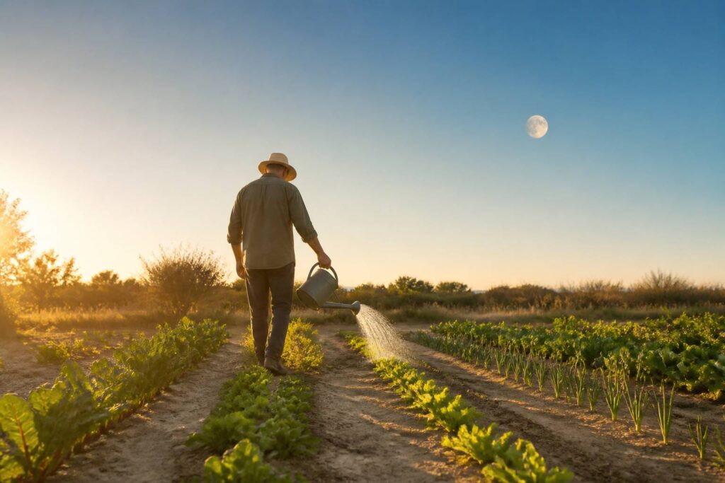 Jardinier arrosant un potager avec une lune dorée au ciel