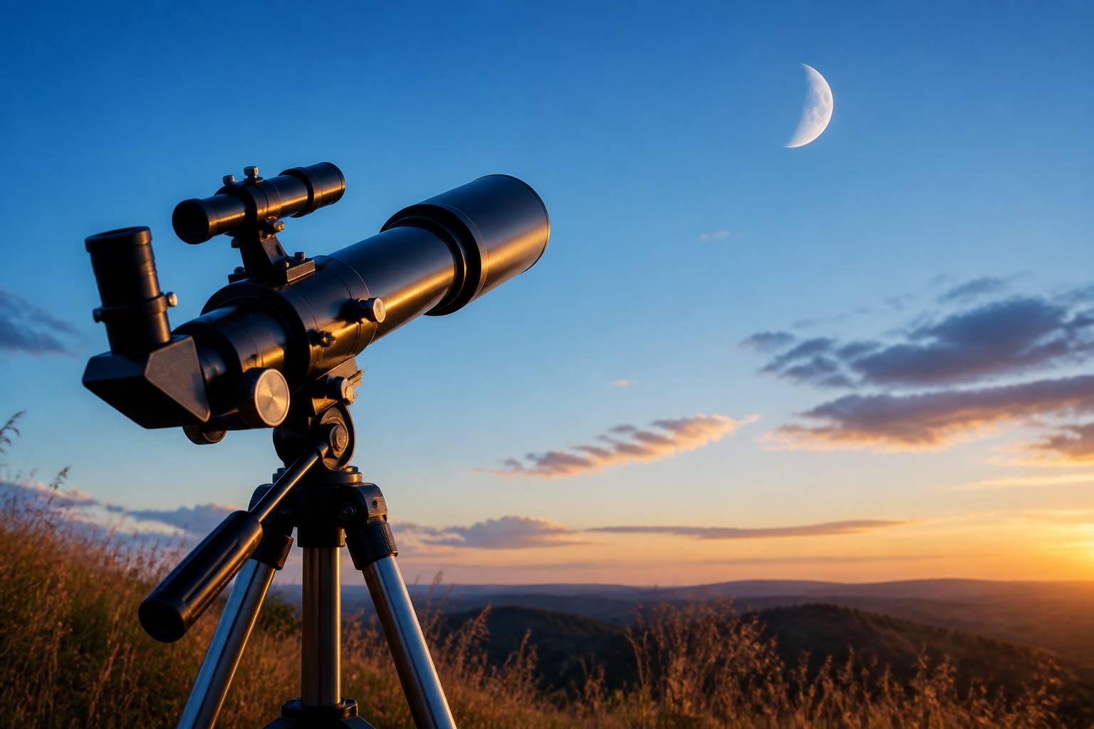 Lunette astronomique sur trépied orientée vers la lune au crépuscule
