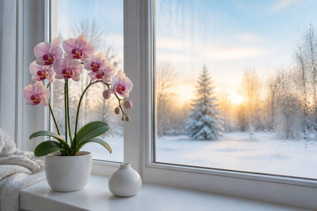 Orchidée rose en pot sur un rebord de fenêtre enneigé en hiver