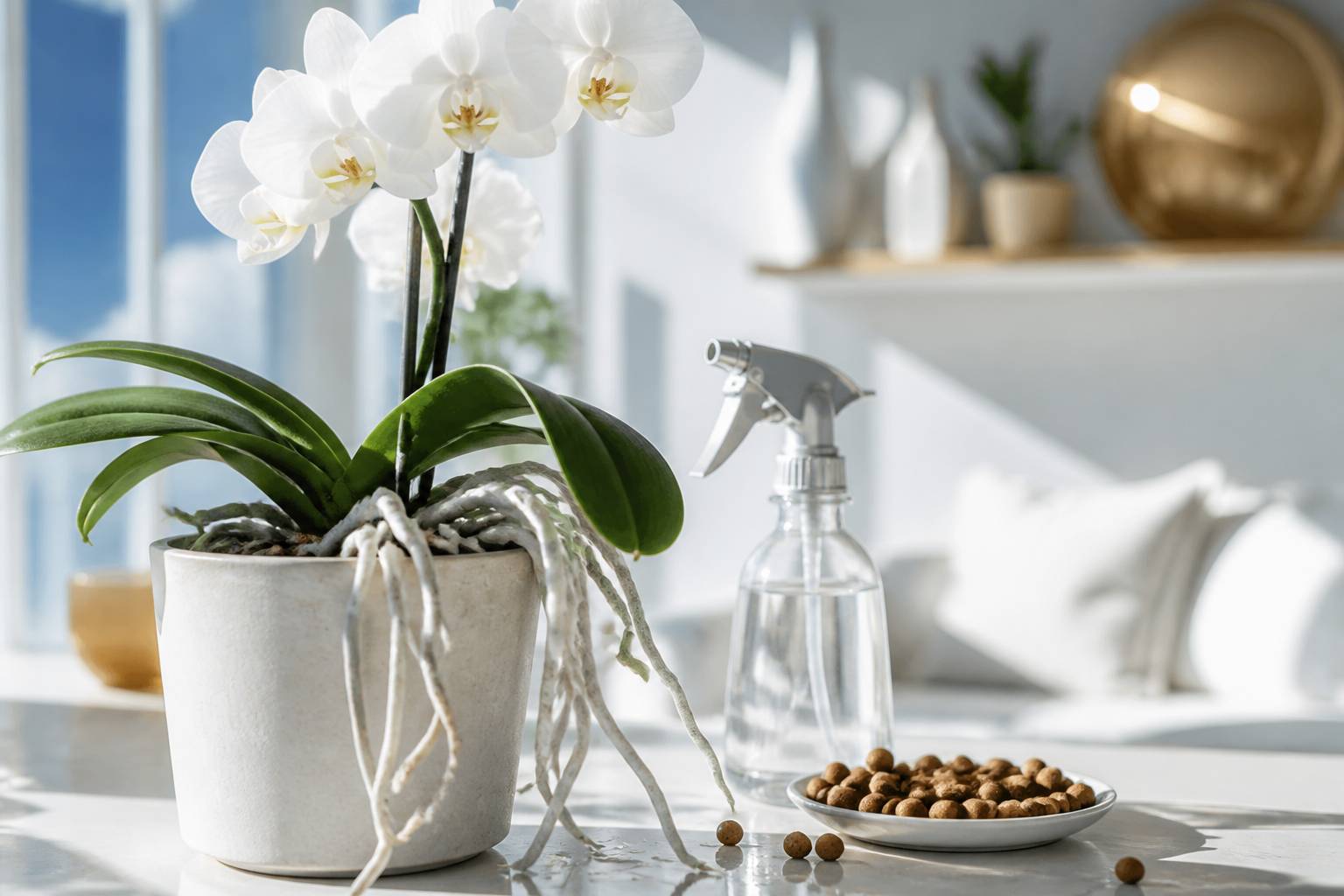 Orchidée en pot avec racines aériennes et vaporisateur pour l'entretien