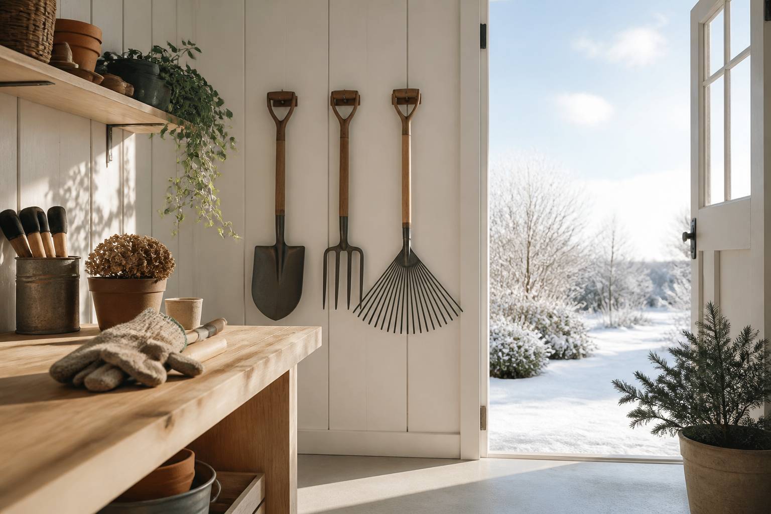 Bêche et fourche rangées dans une remise de jardin