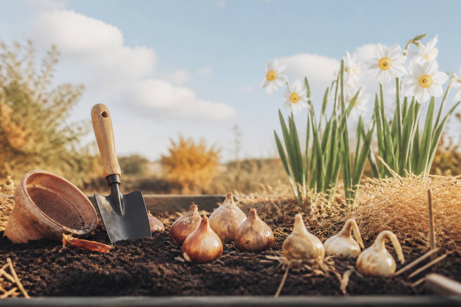 Bulbes de printemps posés près d'un trou de plantation
