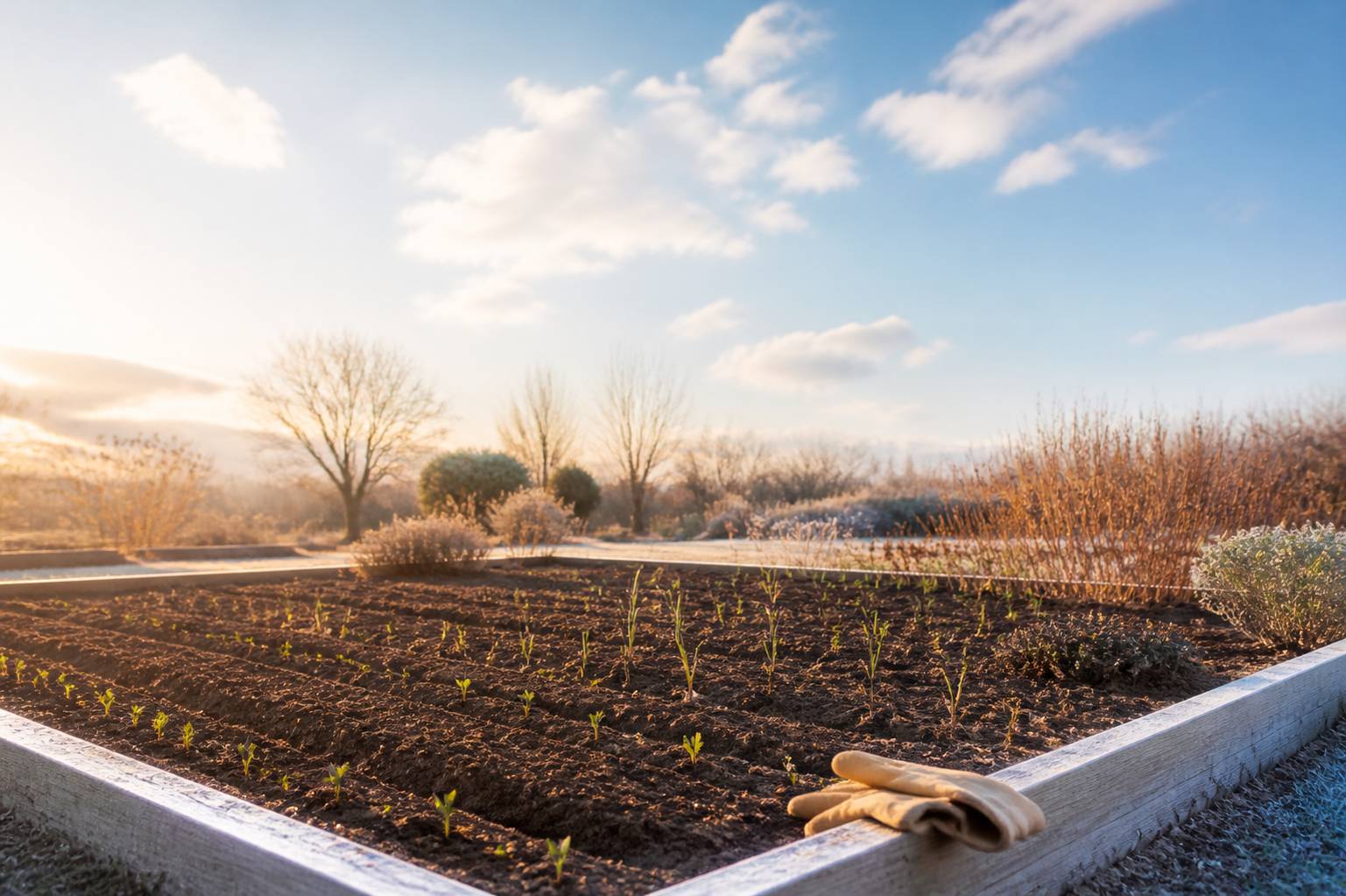 Sillons de fèves et d'ail plantés en pleine terre dans un potager de fin d'hiver