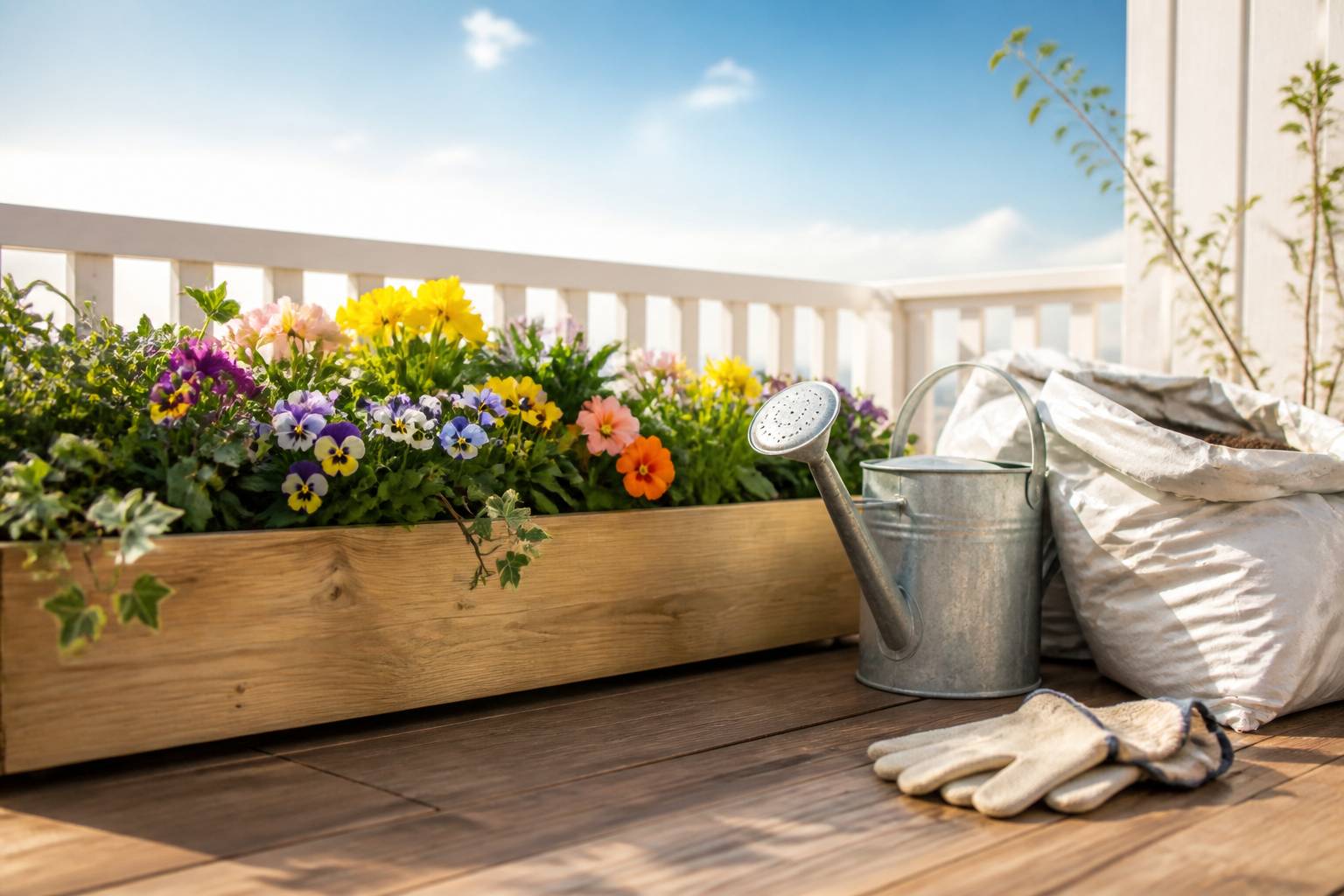 Jardinière en bois de pensées avec un arrosoir et des gants de jardinage