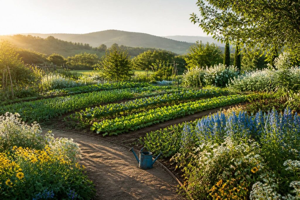 Jardin de printemps avec des plants de légumes et des massifs fleuris colorés