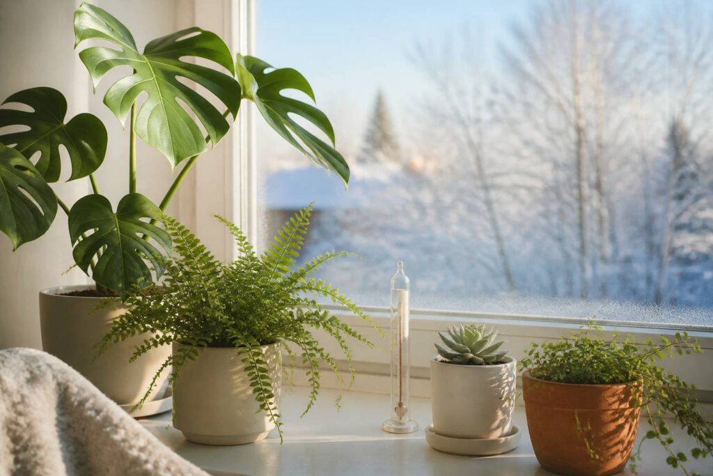 Plantes d'intérieur en pot rapprochées d'une fenêtre hivernale