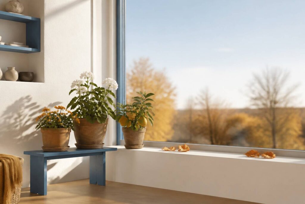 Plantes en pot alignées à l'intérieur près d'une baie vitrée avec un ciel d'automne