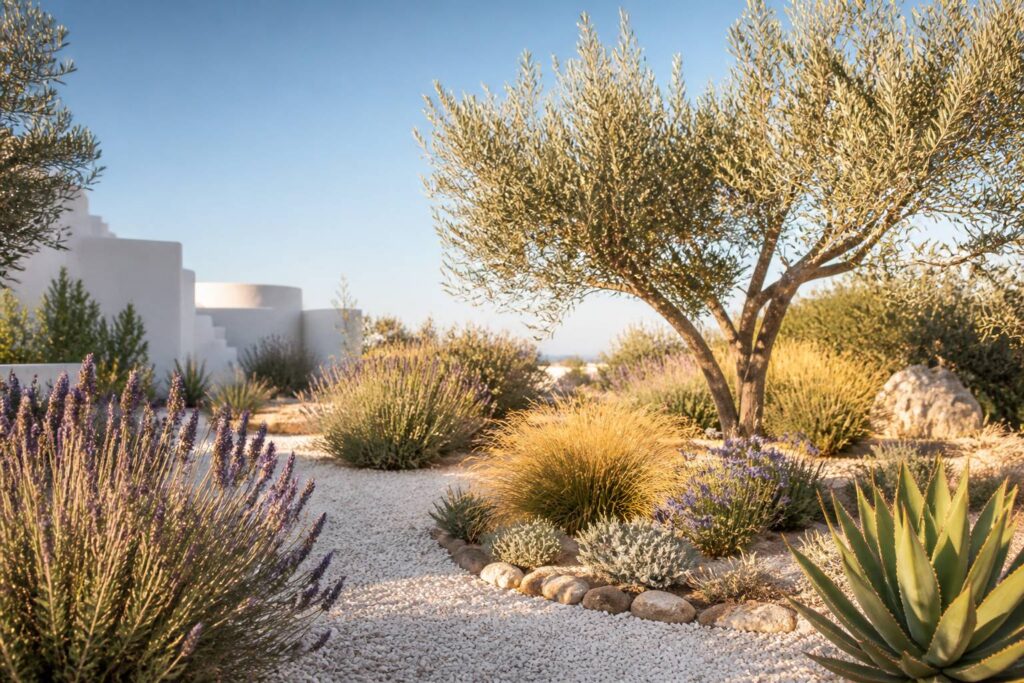 Jardin sec méditerranéen avec lavandes, graminées et oliviers