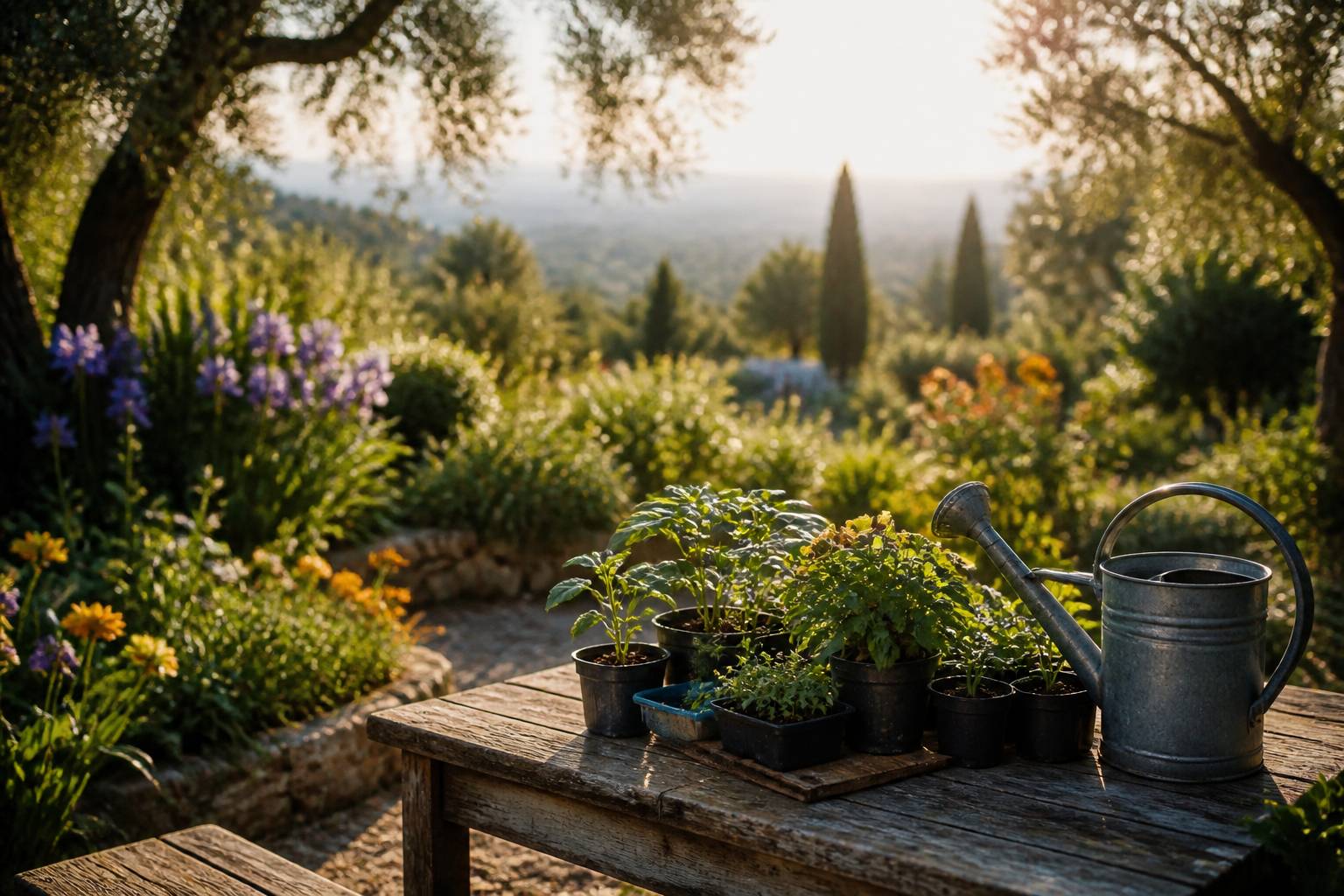 Jeunes plants en godets près d'un massif fleuri et d'un arrosoir