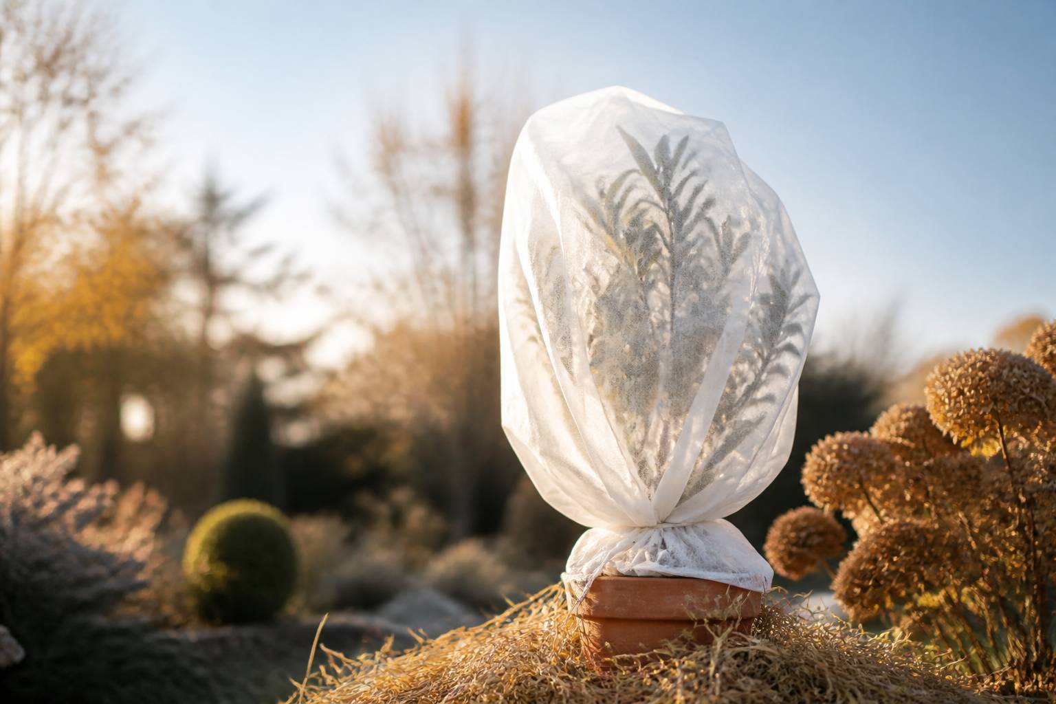 Pot en terre cuite protégé par un voile d'hivernage avec de la paille à la base