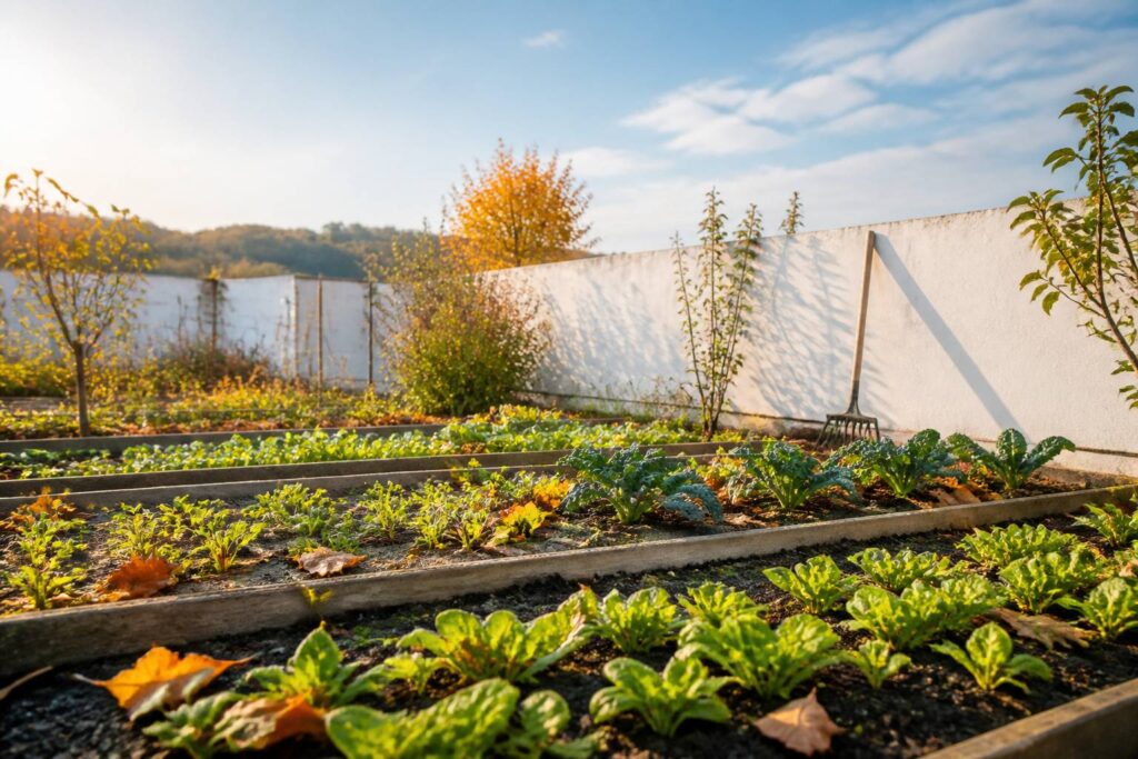 Potager d'automne avec planches de culture et feuilles mortes