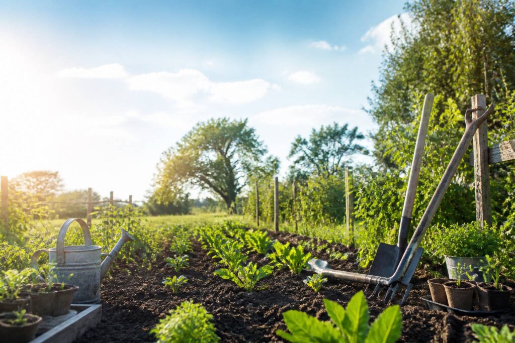Potager printanier avec jeunes plants en rangées, arrosoir et petits godets de semis