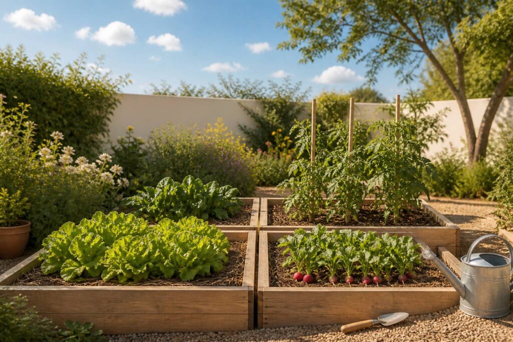 Potager en carré surélevé avec salades, radis et plants de tomates