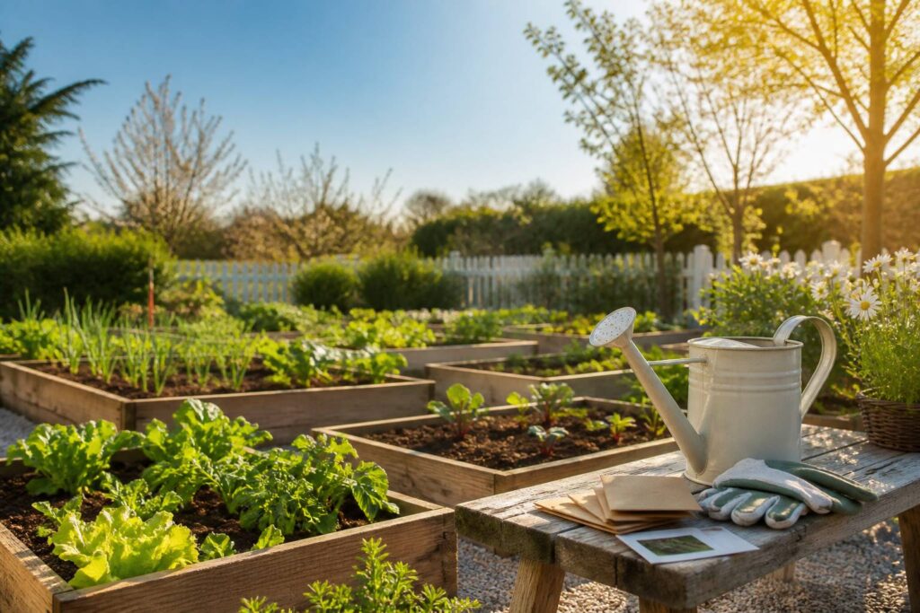 Potager débutant avec carrés de culture en bois
