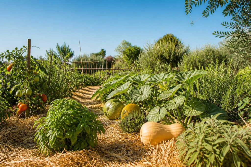 Potager d'été avec paillage de paille, courges et tomates sous un ciel bleu