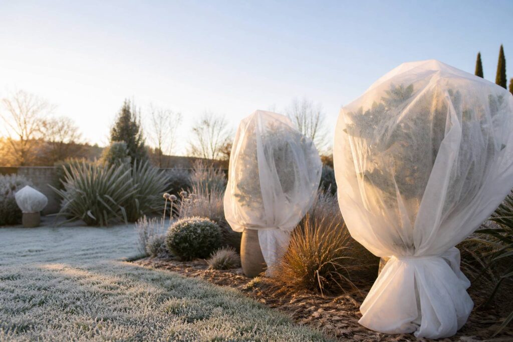 Plantes en pot protégées par un voile d'hivernage dans un jardin givré