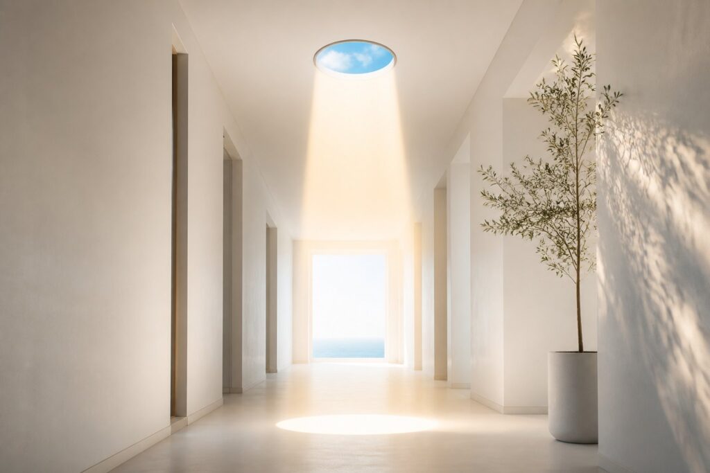 Puits de lumière tubulaire diffusant un faisceau naturel dans un couloir clair