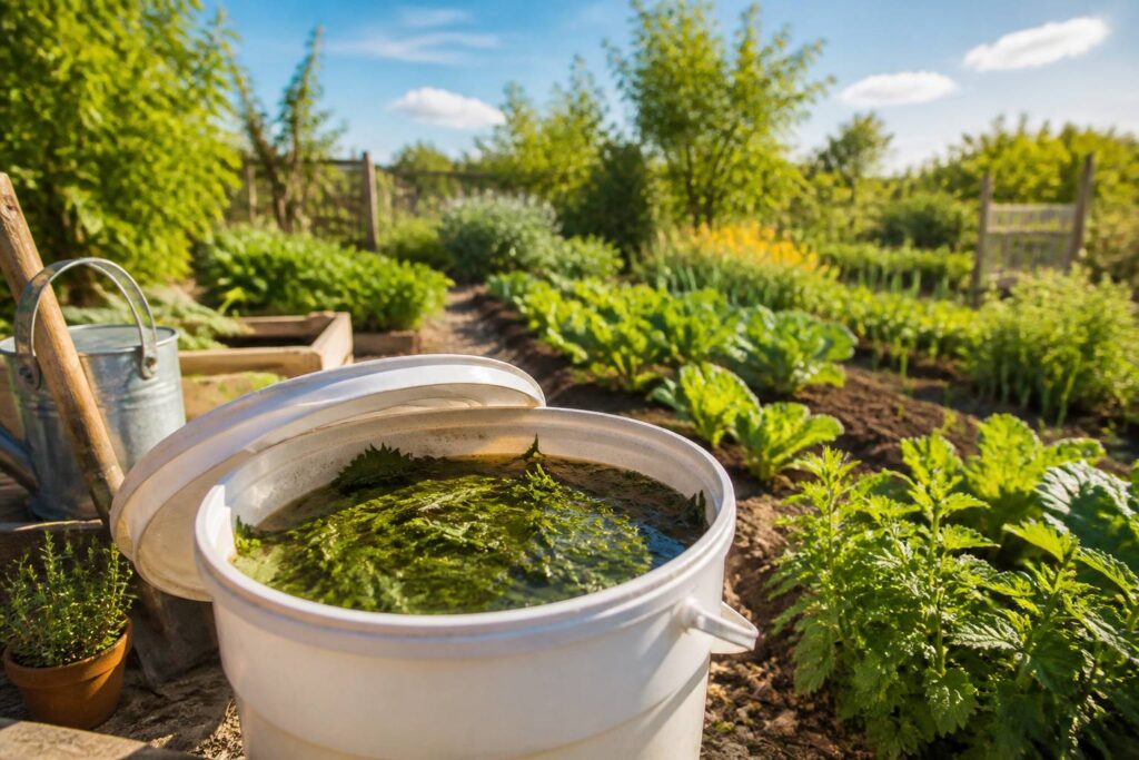 Seau de purin d'ortie en fermentation dans un jardin potager