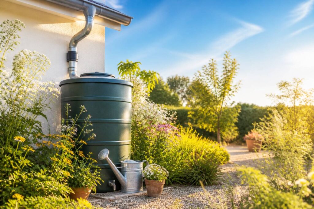 Récupérateur d'eau de pluie relié à une gouttière dans un jardin ensoleillé
