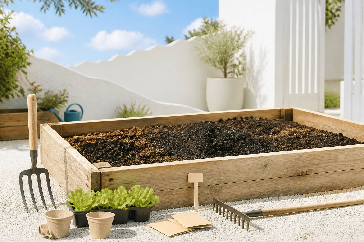 Mélange de terreau et compost dans un carré potager en bois