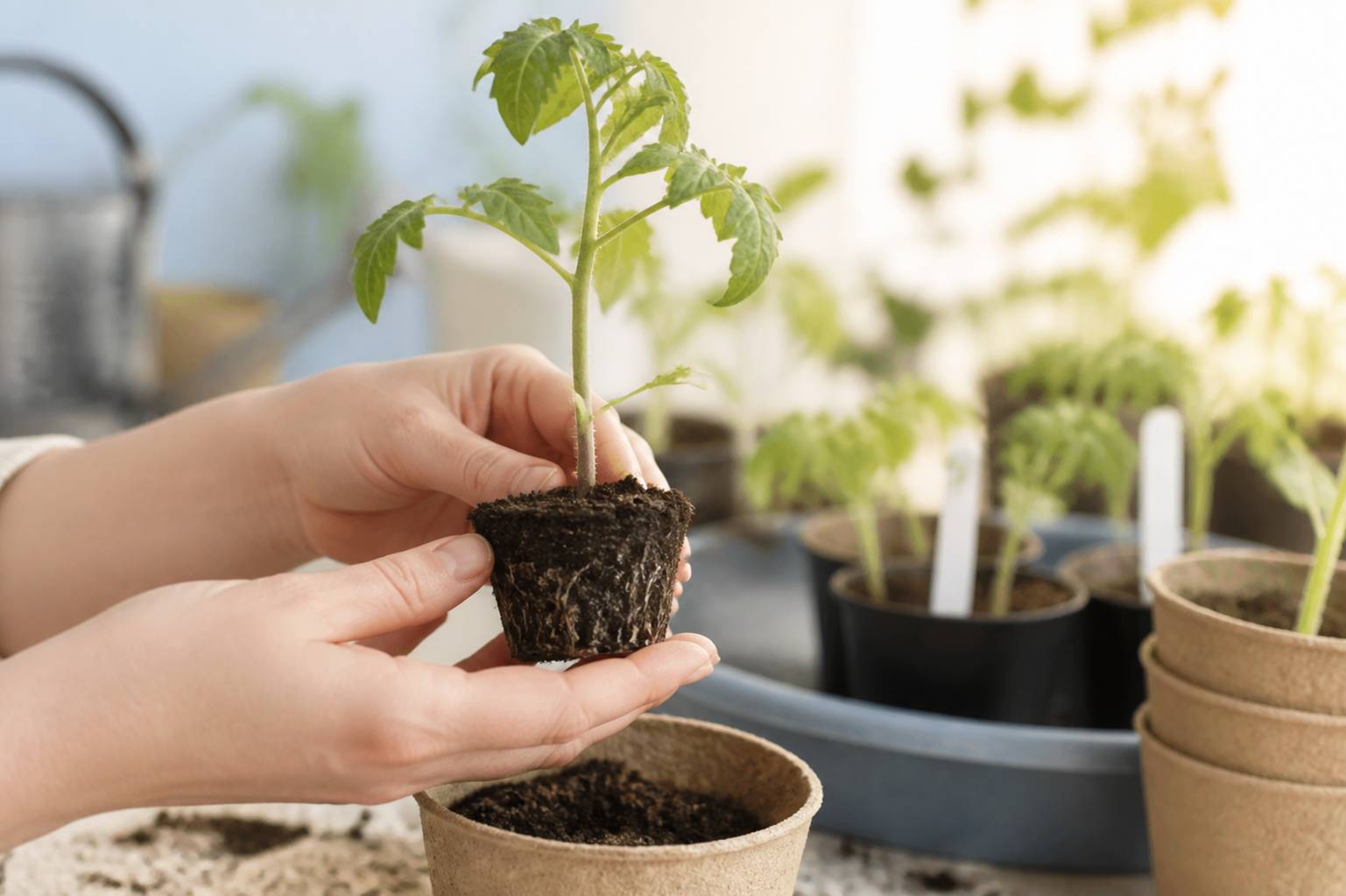 Mains tenant une plantule de tomate avec sa motte de terre