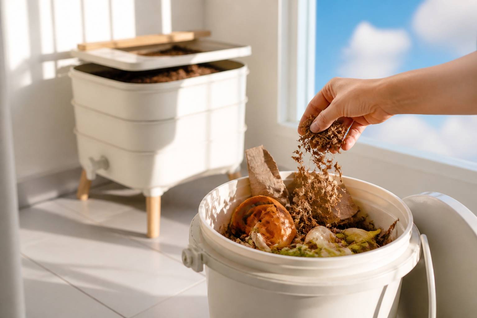 Seau d'épluchures avec carton brun pour le compost en appartement