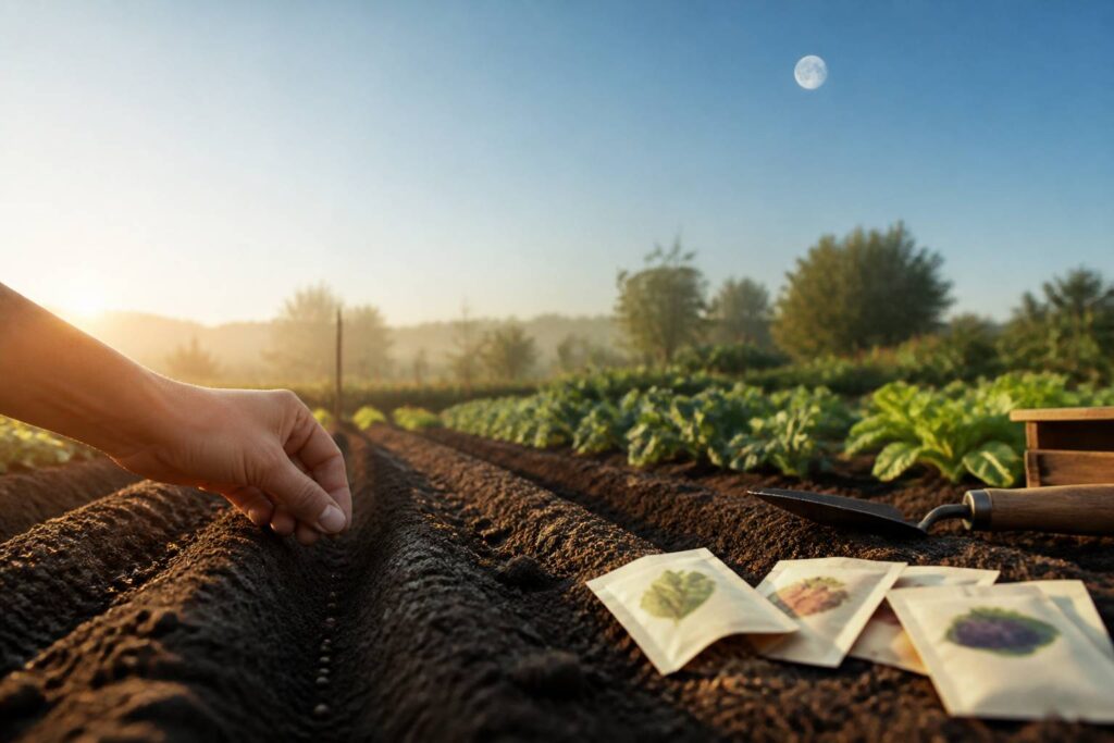 Main semant des graines dans un potager au lever du jour