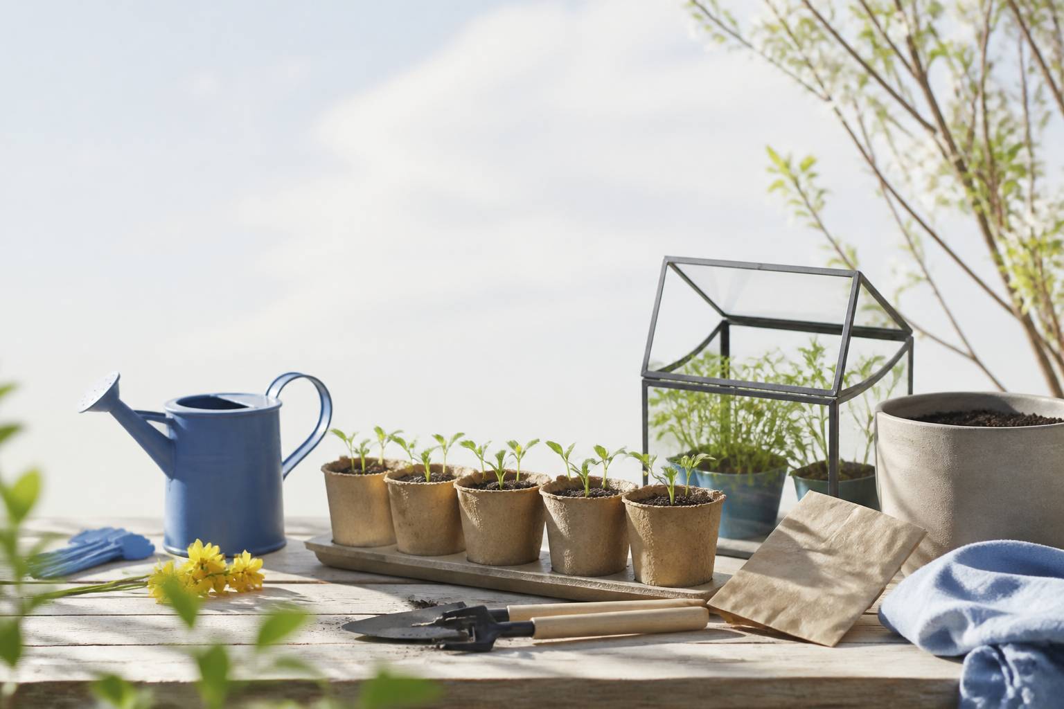 Godets de semis sur une table de jardin avec arrosoir et petite serre, lumière du matin
