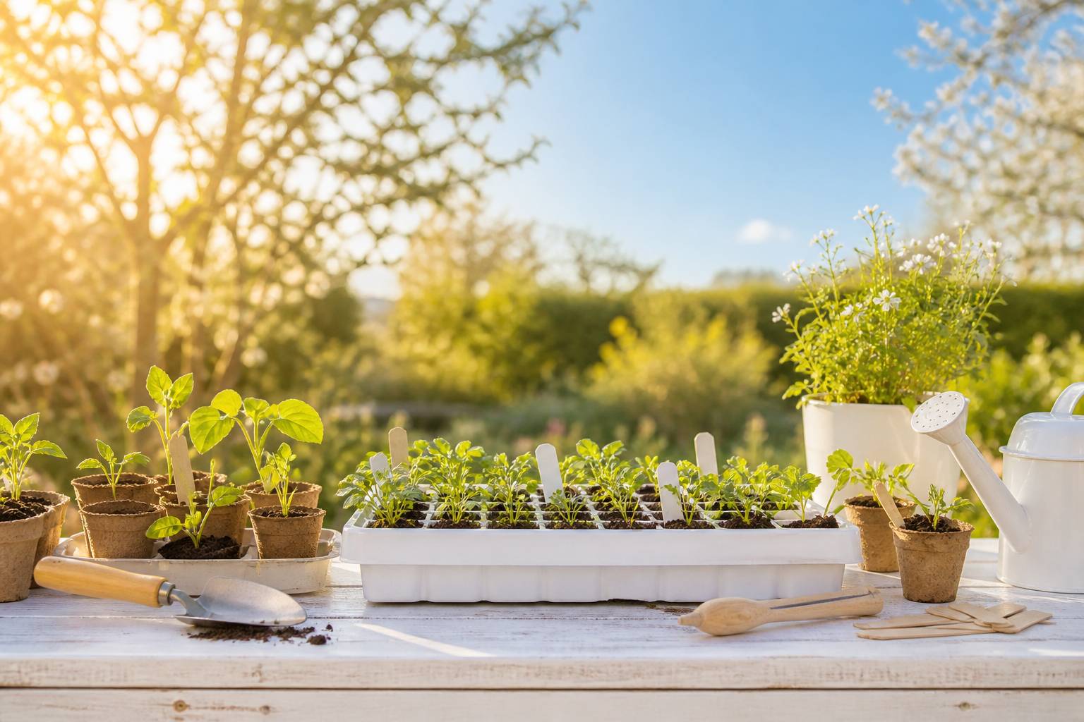 Godets de semis avec jeunes pousses sur table de jardin