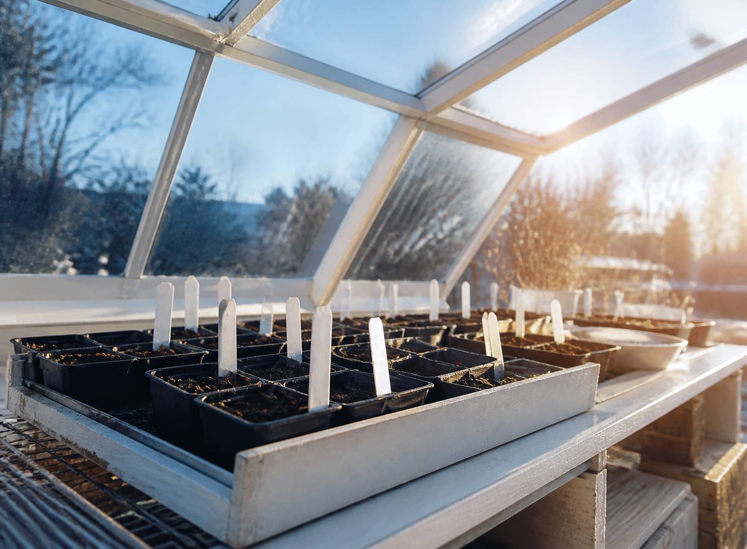 Semis d'hiver sous abri dans des godets alignés sur une table