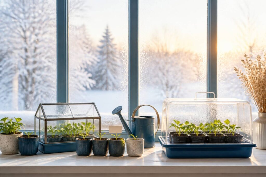 Godets de semis sur un rebord de fenêtre enneigé en hiver