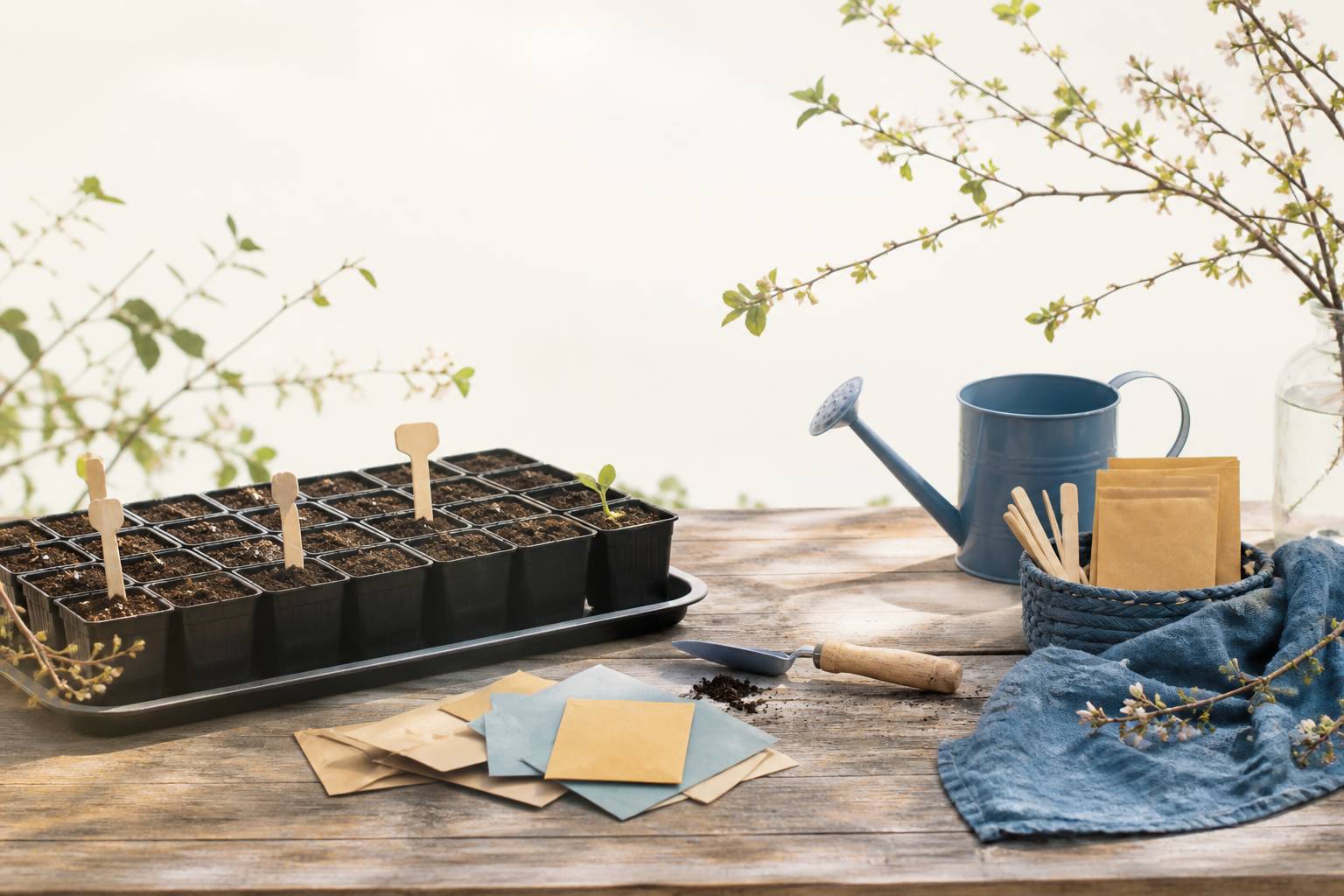Plateaux de semis avec godets de terreau, sachets de graines et arrosoir sur une table de jardin