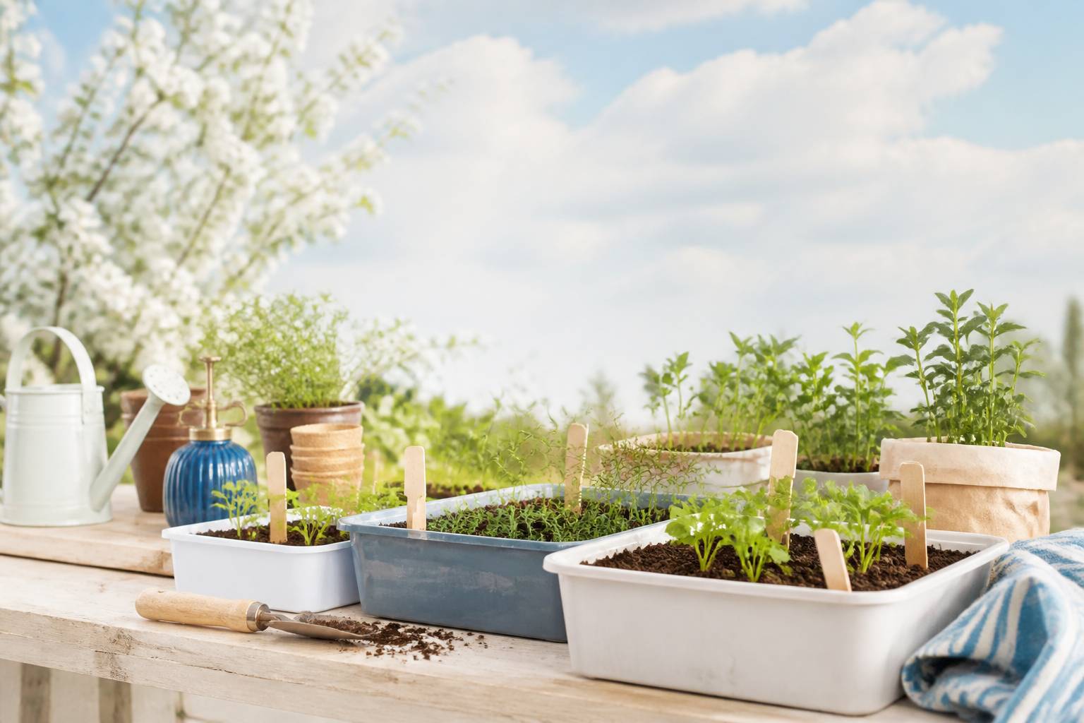 Terrines de semis avec jeunes plantules et étiquettes en bois sur une table de jardin