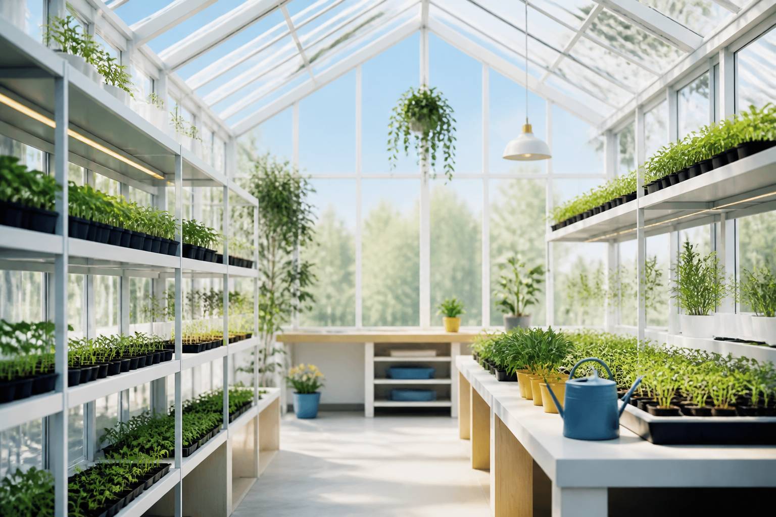 Étagères de semis dans une serre de jardin avec de jeunes pousses vertes