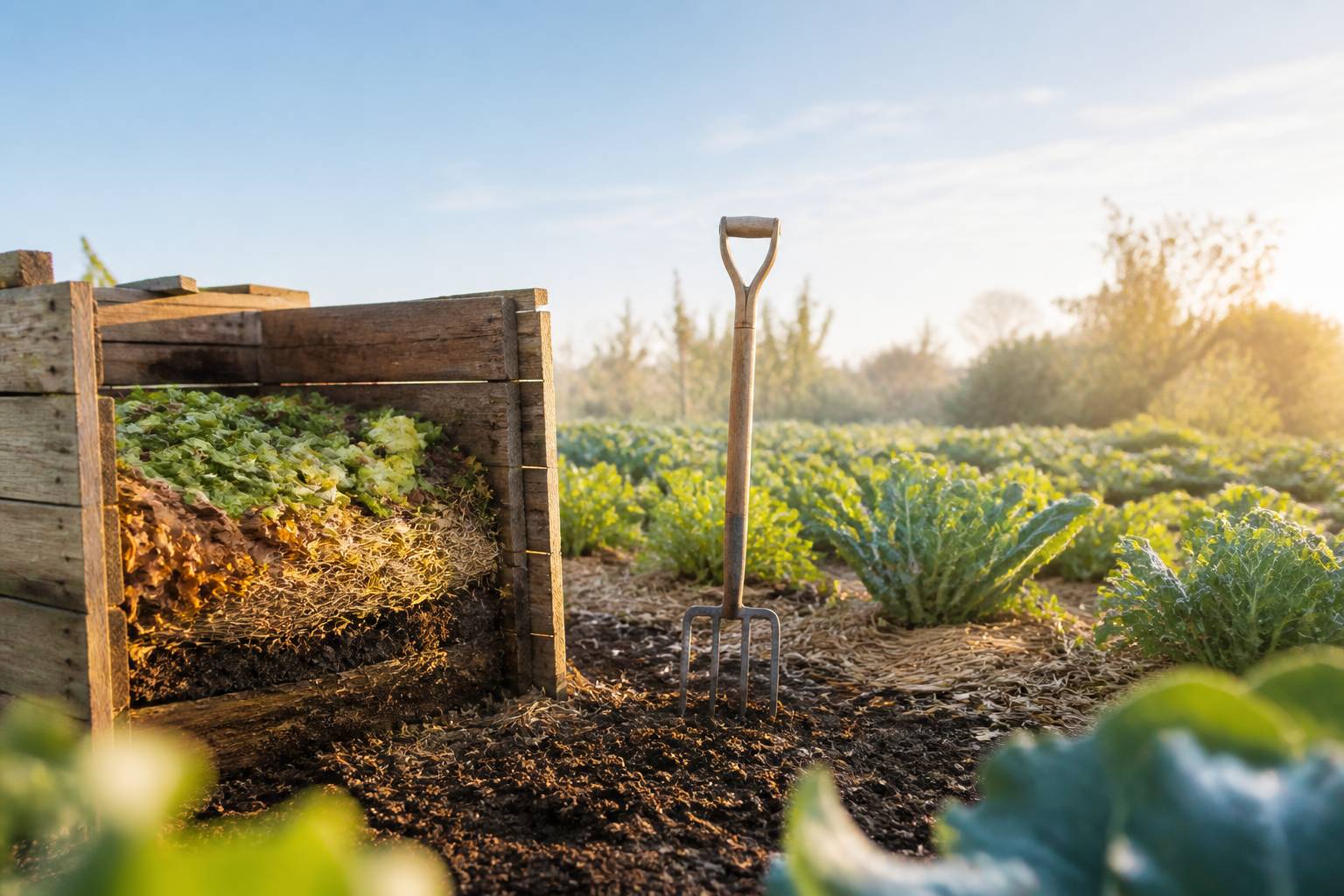 Composteur en bois et sol paillé dans un jardin permacole