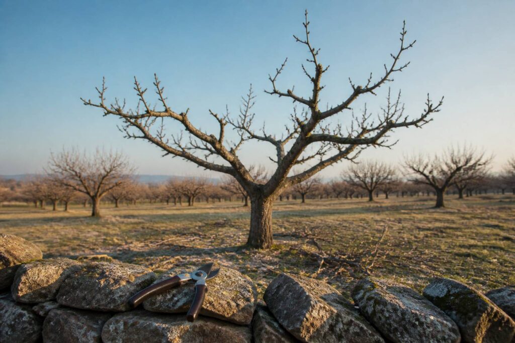 Branches de pommier taillées avec un sécateur posé sur un muret
