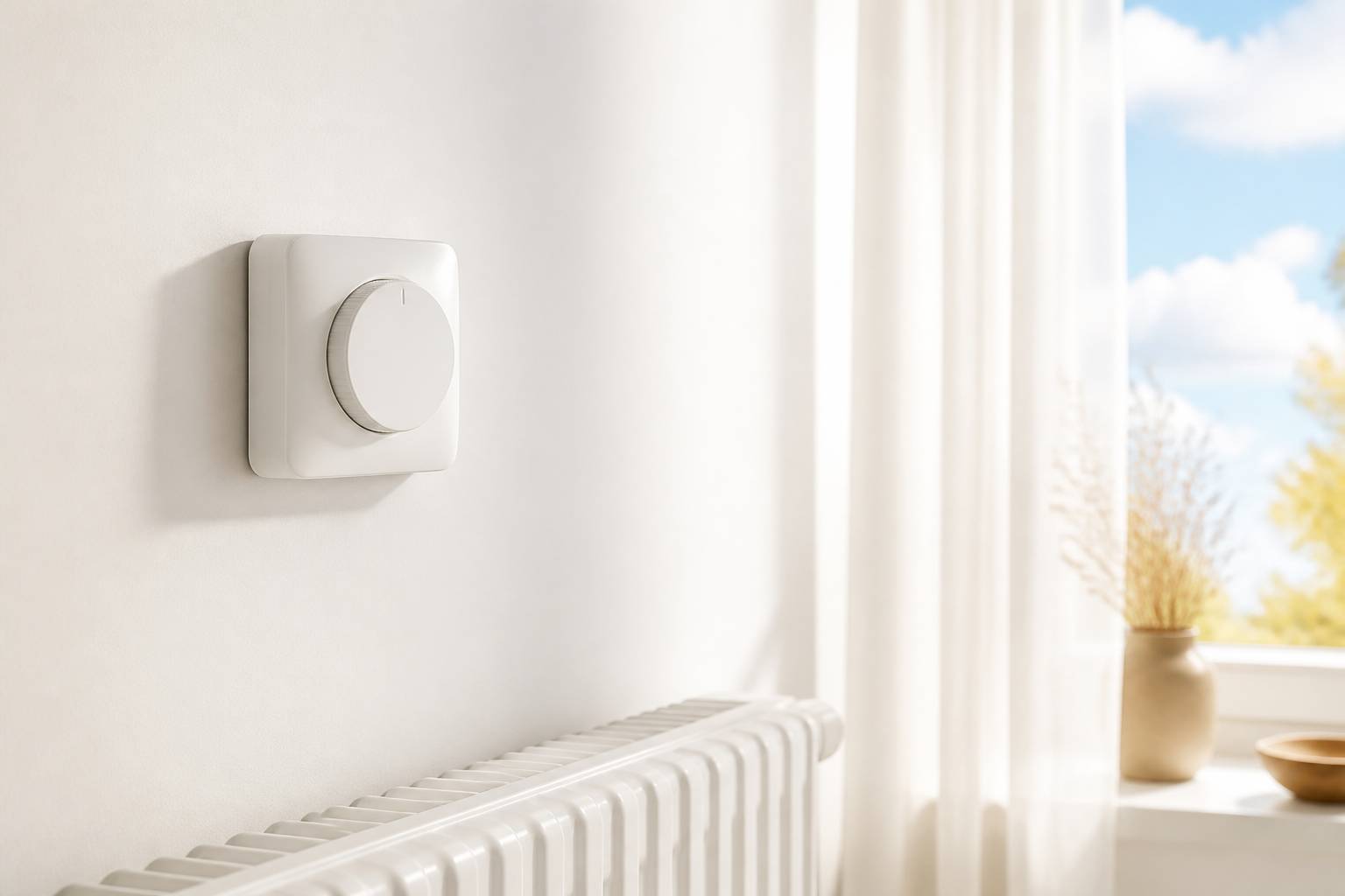Thermostat mural épuré près d'un radiateur et d'une fenêtre