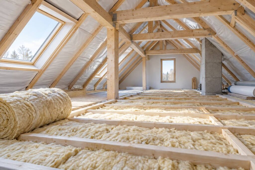 Combles d'une maison isoles avec rouleaux de laine minerale