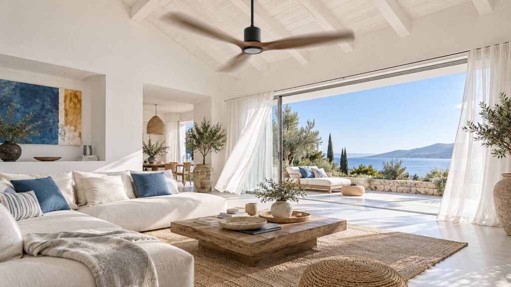 Illustration éditoriale du sujet : Brasseur d'air plafond : pourquoi l'adopter pour votre confort intérieur
