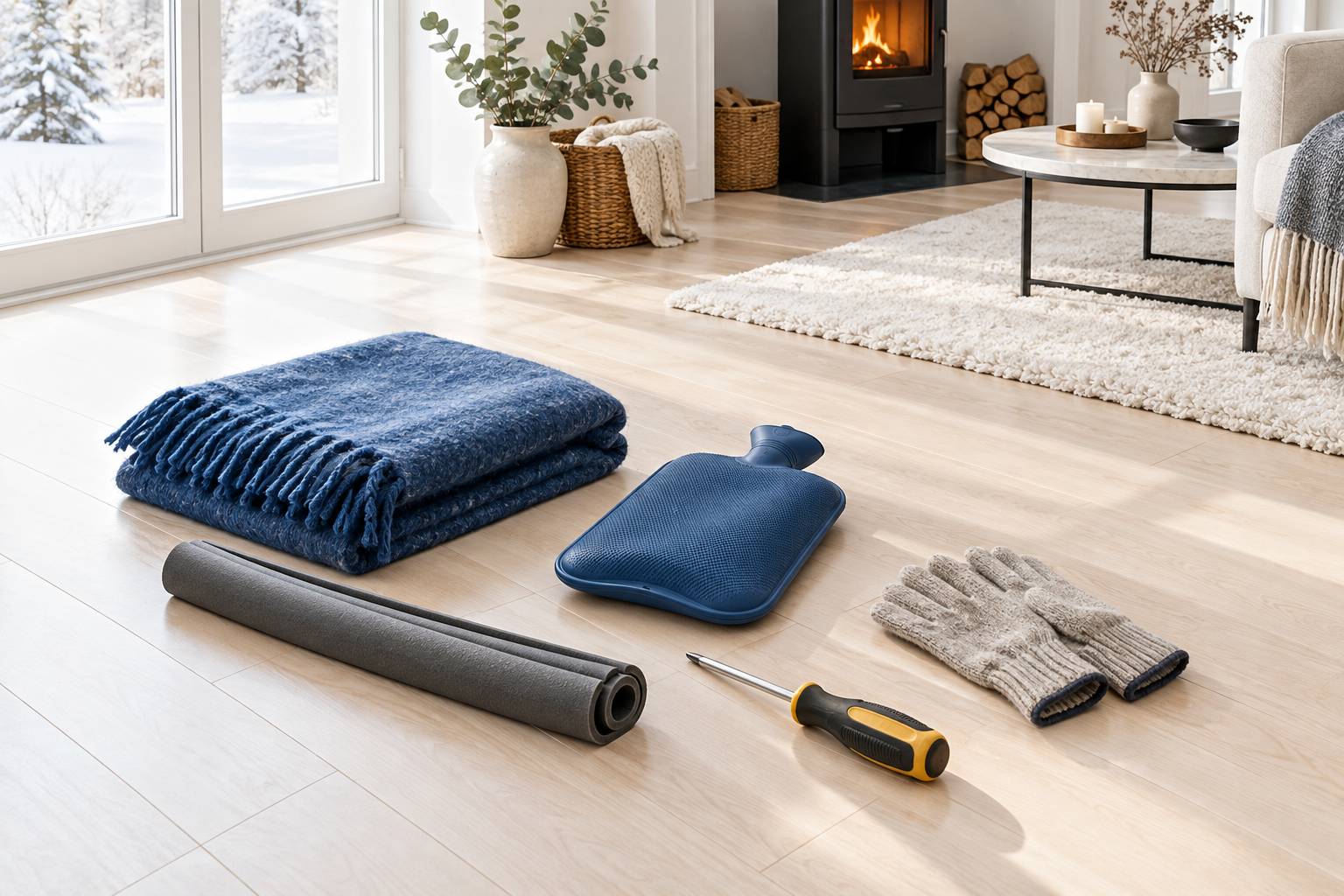 Interieur prepare pour l'hiver avec plaid et joints de porte