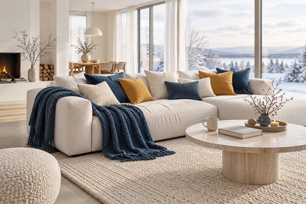 Illustration éditoriale du sujet : Comment choisir le plaid et les coussins parfaits pour un hiver cocooning