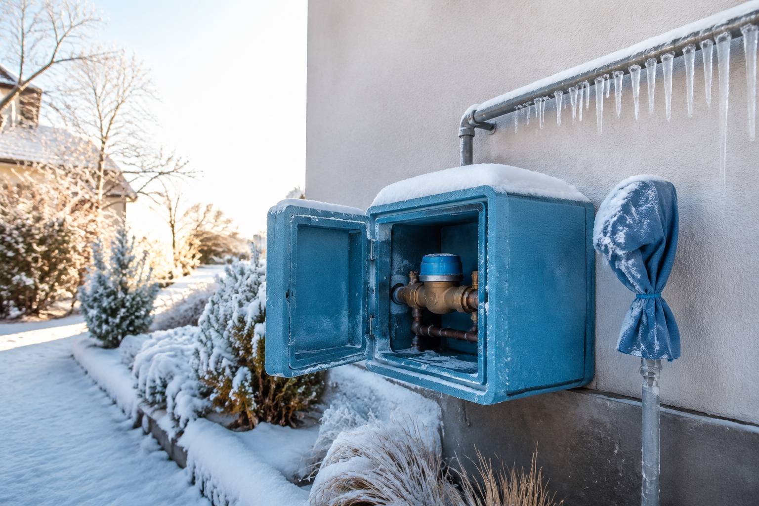 Compteur d'eau isolé et robinet extérieur avec housse antigel sous une fine couche de givre
