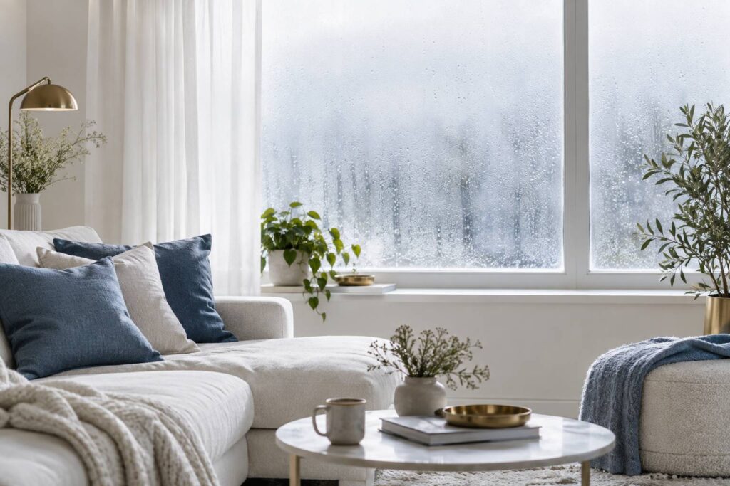 Gouttes de condensation sur une fenetre par matin froid