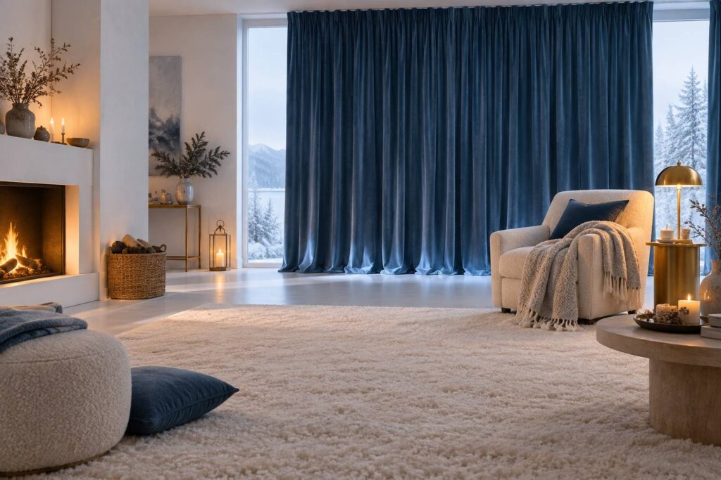 Intérieur d'hiver avec rideaux épais, plaid et lampe allumée