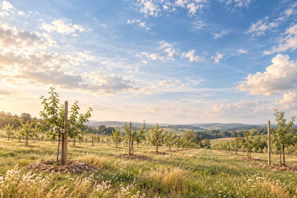 Jeunes arbres fruitiers tutes et pailles alignes dans un verger